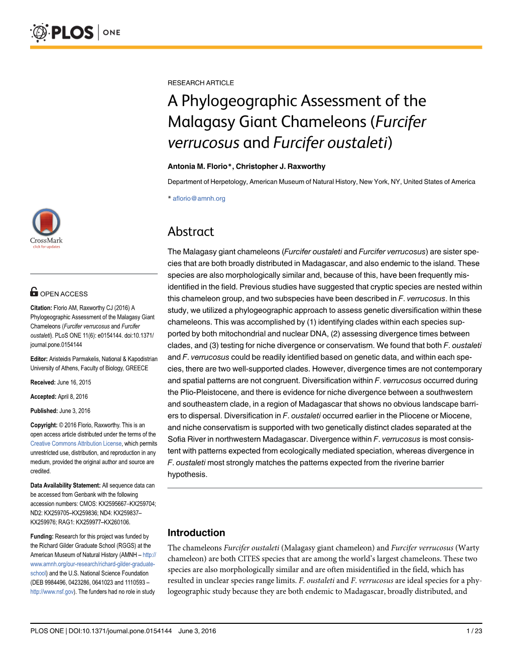 A Phylogeographic Assessment of the Malagasy Giant Chameleons (Furcifer Verrucosus and Furcifer Oustaleti)