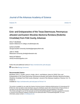 Ecto- and Endoparasites of the Texas Deermouse, Peromyscus Attwateri and Eastern Woodrat, Neotoma Floridana (Rodentia: Cricetidae) from Polk County, Arkansas