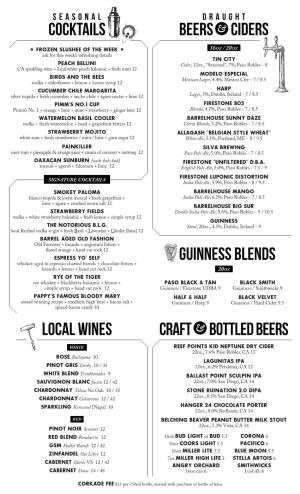 COCKTAILS Local Wines Guinness Blends Craft Bottled Beers Beers