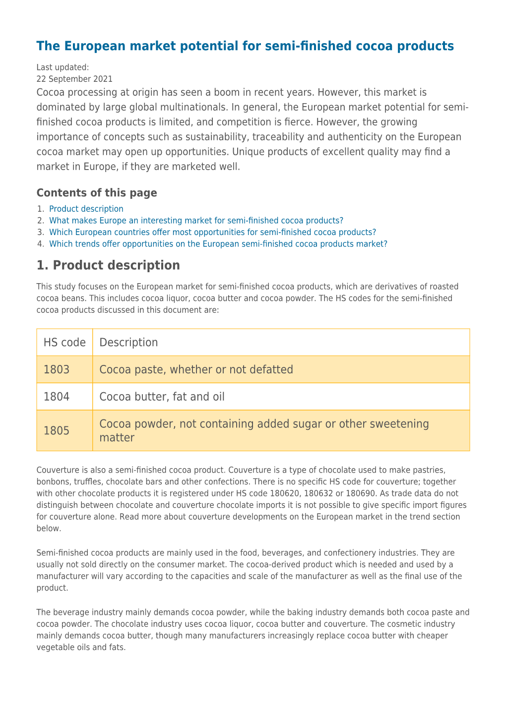 The European Market Potential for Semi-Finished Cocoa Products 1