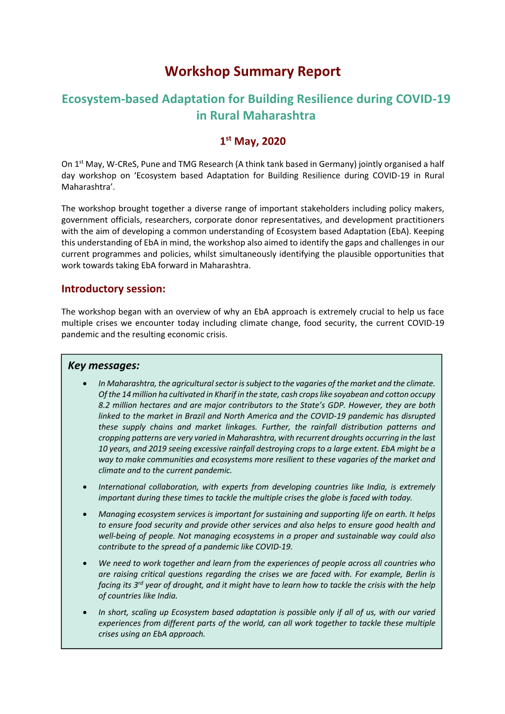 Workshop Summary Report Ecosystem-Based Adaptation for Building Resilience During COVID-19 in Rural Maharashtra