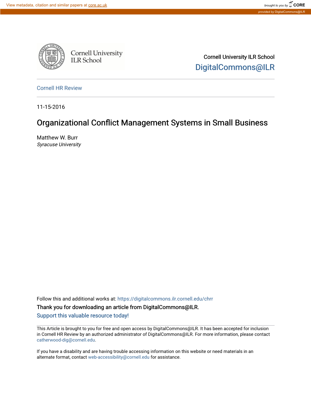 Organizational Conflict Management Systems in Small Business