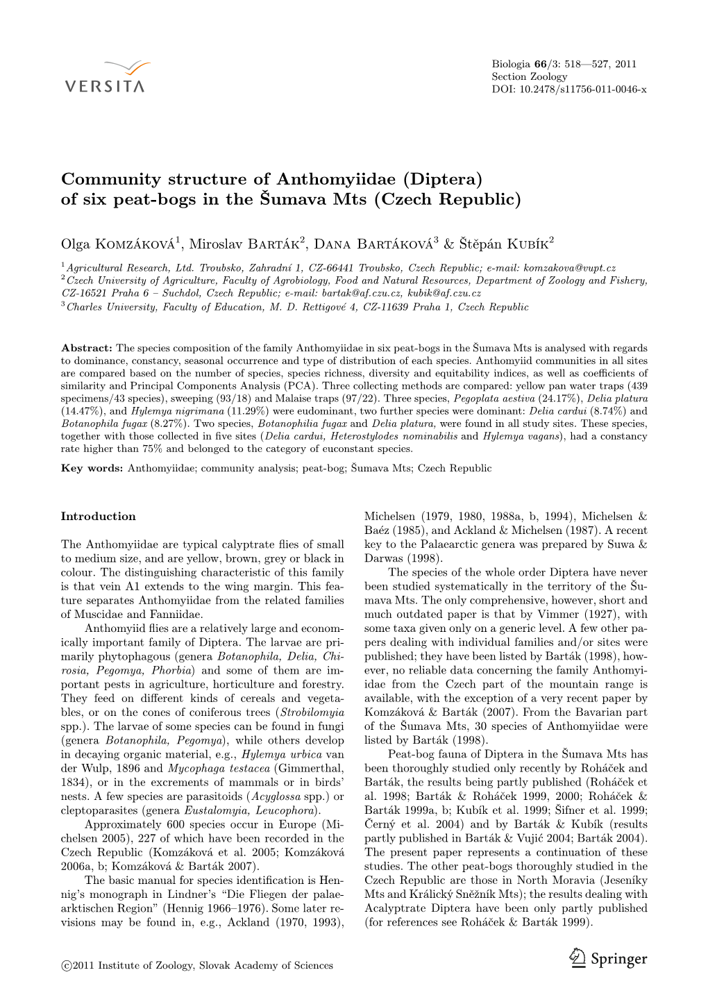 Community Structure of Anthomyiidae (Diptera) of Six Peat-Bogs in the Šumava Mts (Czech Republic)