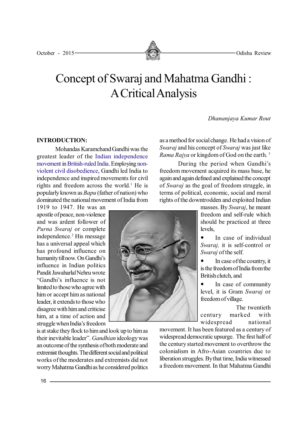 Concept of Swaraj and Mahatma Gandhi : a Critical Analysis
