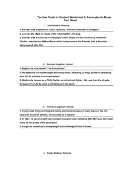 Teacher Guide to Student Worksheet 1- Pennsylvania Boxer Fact Sheet