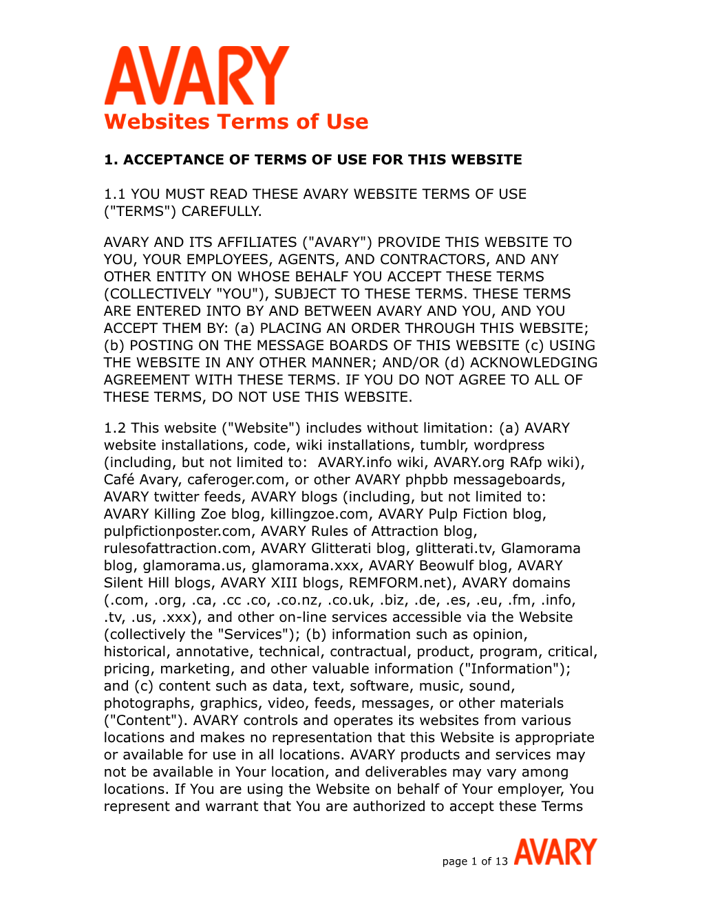 Websites Terms of Use