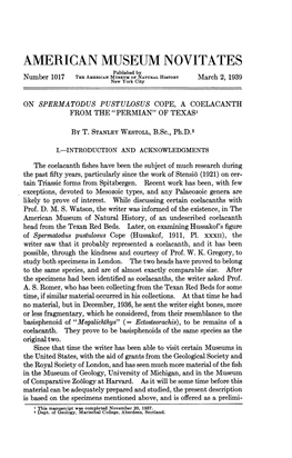 AMERICAN MUSEUM NOVITATES Published by Number 1017 the AMERICAN MUSEUM of NATURAL HISTORY March 2, 1939 New York City