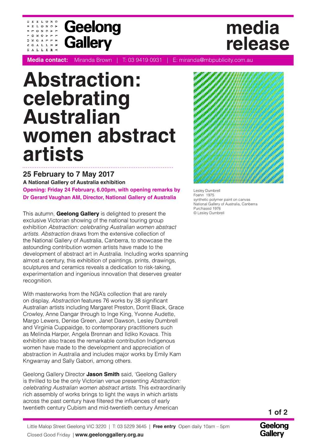 Abstraction: Celebrating Australian Women Abstract Artists 25 February to 7 May 2017 a National Gallery of Australia Exhibition