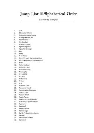 Jump List • Alphabetical Order (Created by Manyfist)
