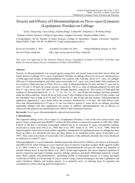 Toxicity and Efficacy of Chlorantraniliprole on Pieris Rapae (Linnaeus) (Lepidoptera: Pieridae) on Cabbage