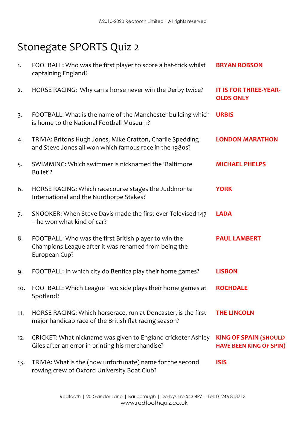 Stonegate SPORTS Quiz 2