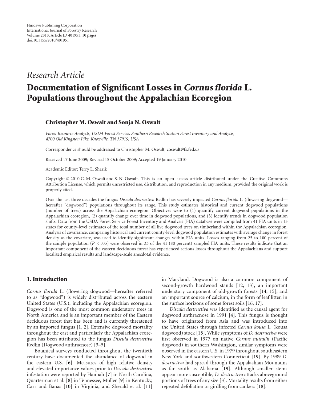 Research Article Documentation of Significant Losses in Cornus Florida L. Populations Throughout the Appalachian Ecoregion