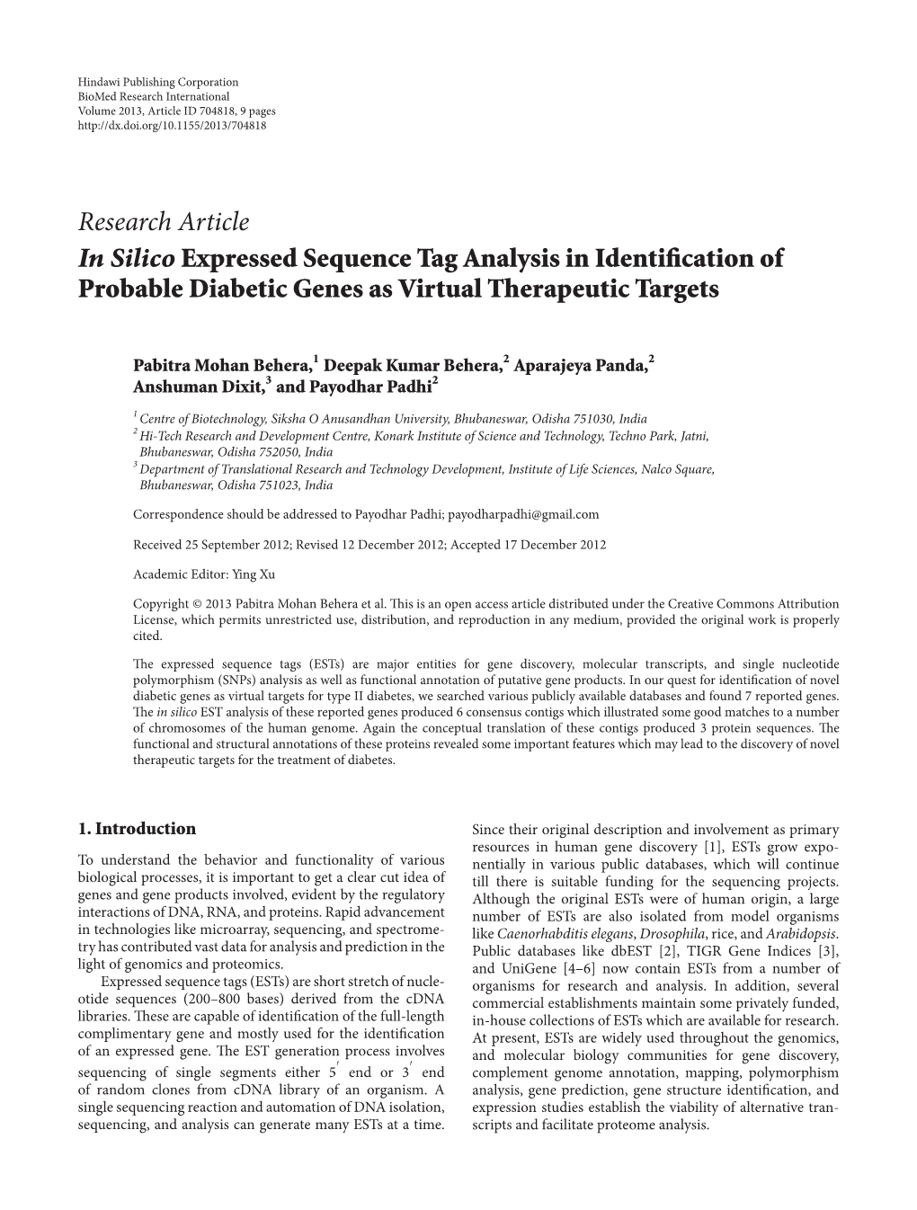 Research Article in Silico Xpressed E Uence Tag