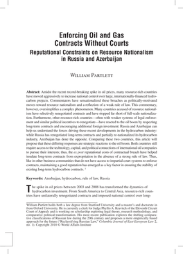 Enforcing Oil and Gas Contracts Without Courts Reputational Constraints on Resource Nationalism in Russia and Azerbaijan