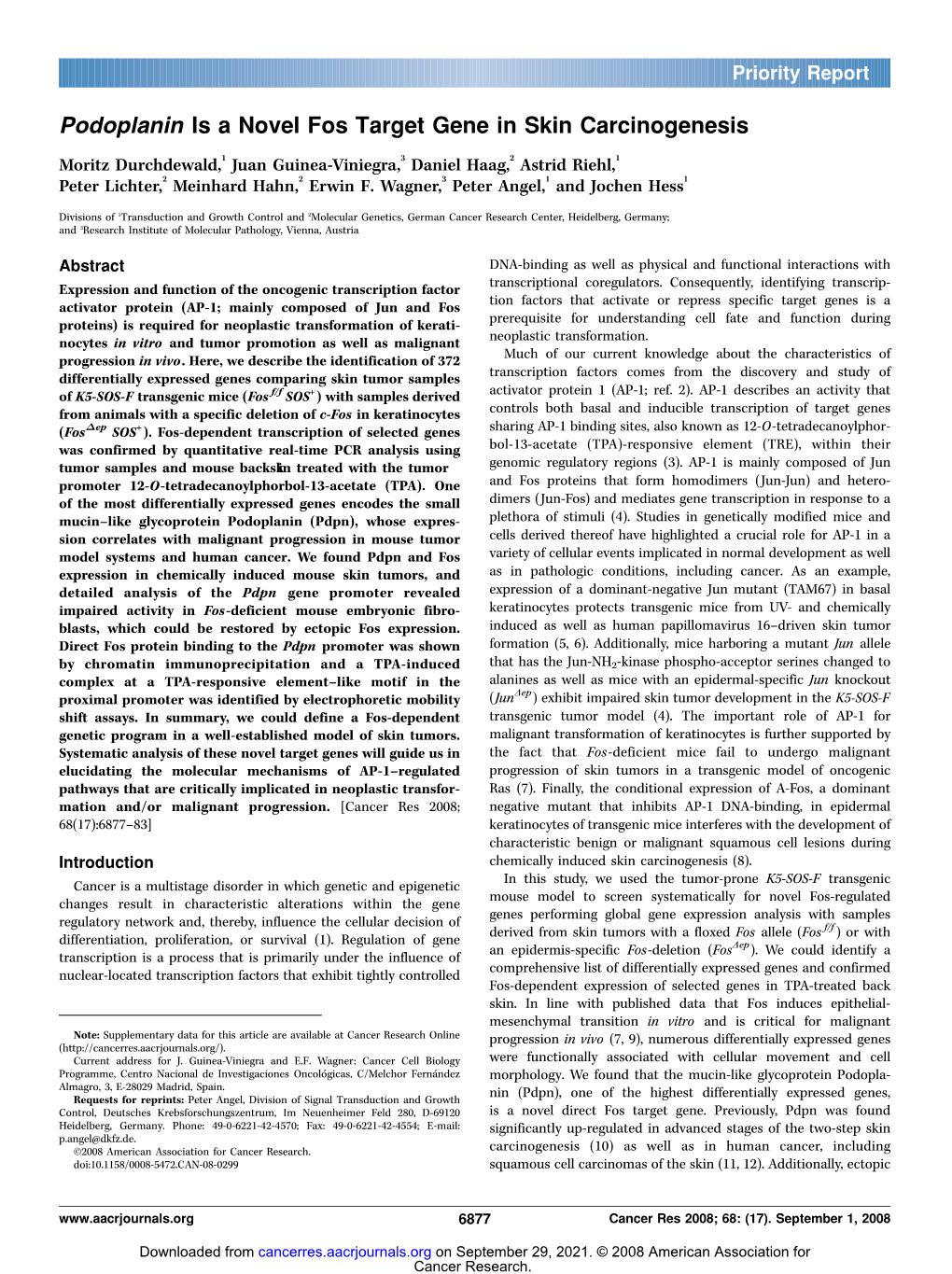 Podoplanin Is a Novel Fos Target Gene in Skin Carcinogenesis