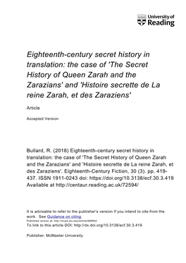 'The Secret History of Queen Zarah and the Zarazians' and 'Histoire Secrette De La Reine Zarah, Et Des Zaraziens'
