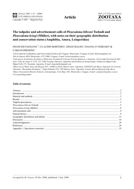 Zootaxa, the Tadpoles and Advertisement Calls of Pleurodema