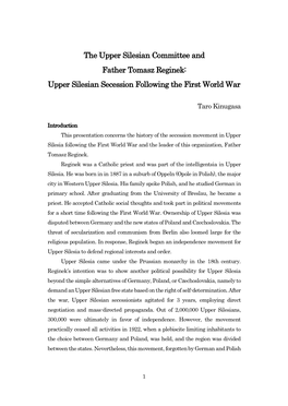 The Upper Silesian Committee and Father Tomasz Reginek: Upper Silesian Secession Following the First World War