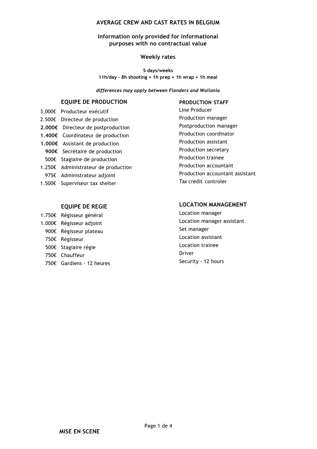 AVERAGE CREW and CAST RATES in BELGIUM Information Only