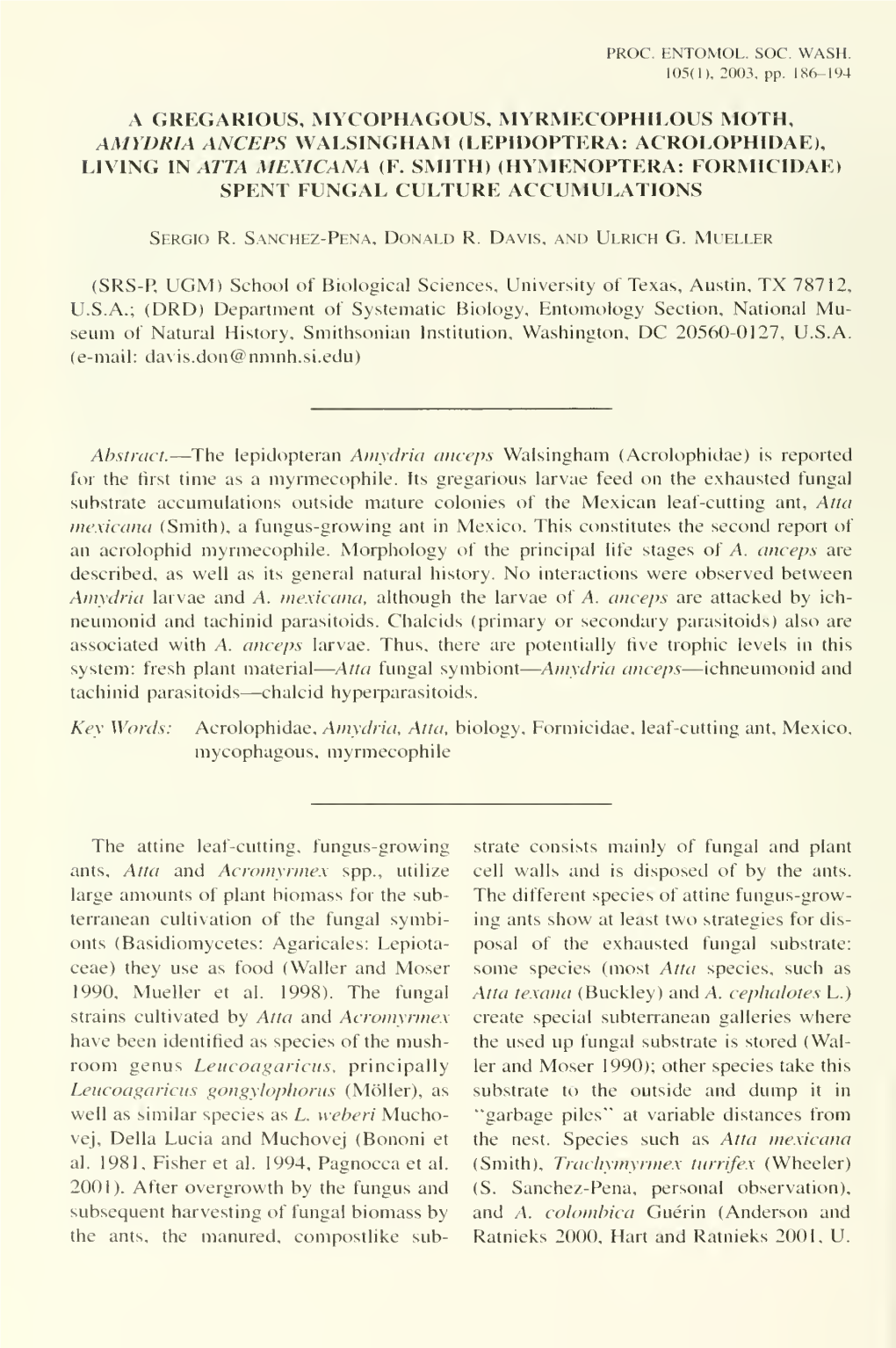 PROCEEDINGS of the ENTOMOLOGICAL SOCIETY of WASHINGTON Fungal Substrate