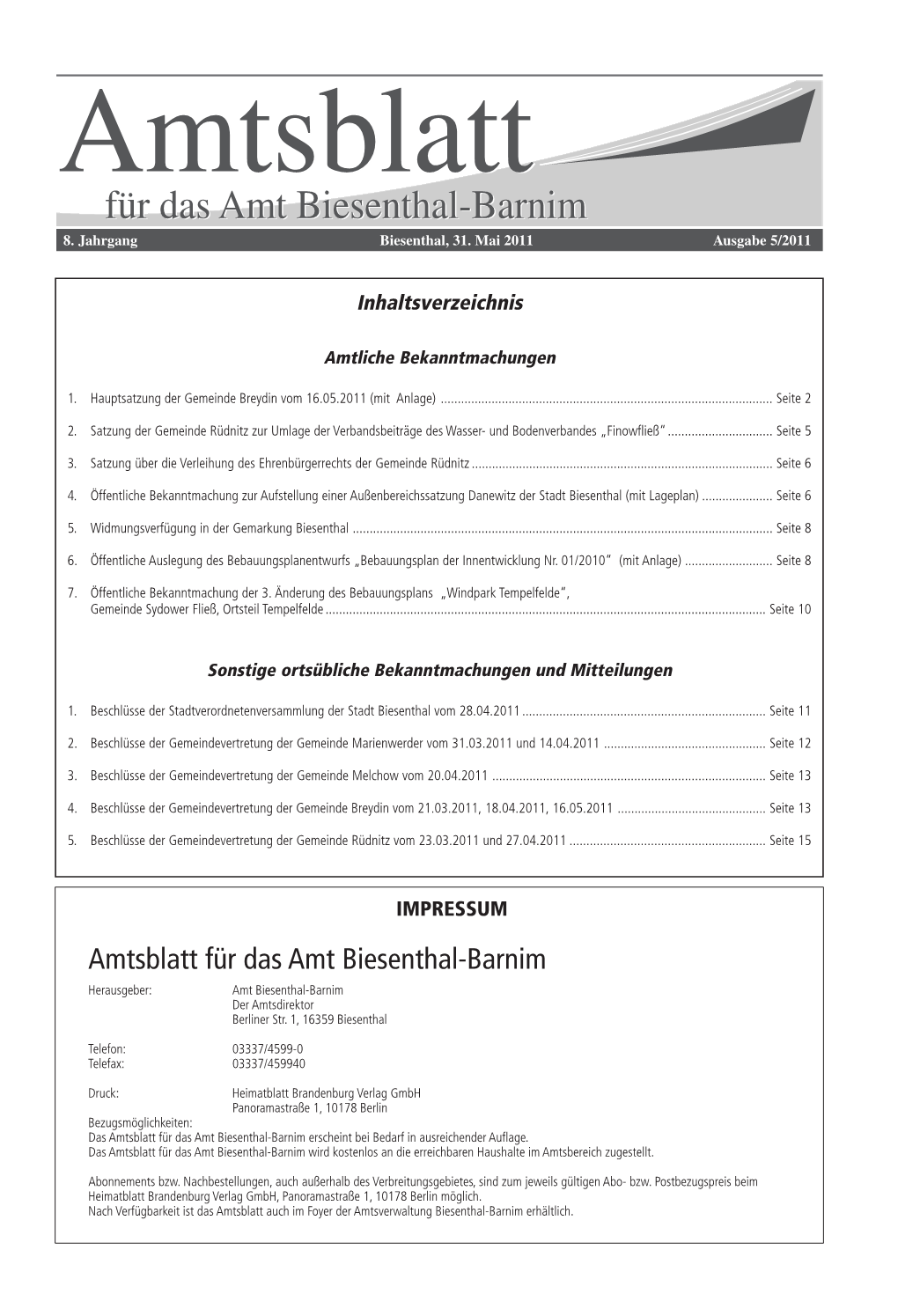 Amtsblatt Für Das Amt Biesenthal-Barnim Herausgeber: Amt Biesenthal-Barnim Der Amtsdirektor Berliner Str