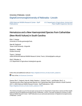 Hematozoa and a New Haemoproteid Species from Cathartidae (New World Vulture) in South Carolina