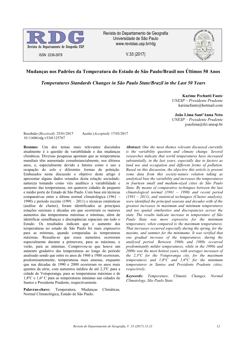 Mudanças Nos Padrões Da Temperatura Do Estado De São Paulo/Brasil Nos Últimos 50 Anos