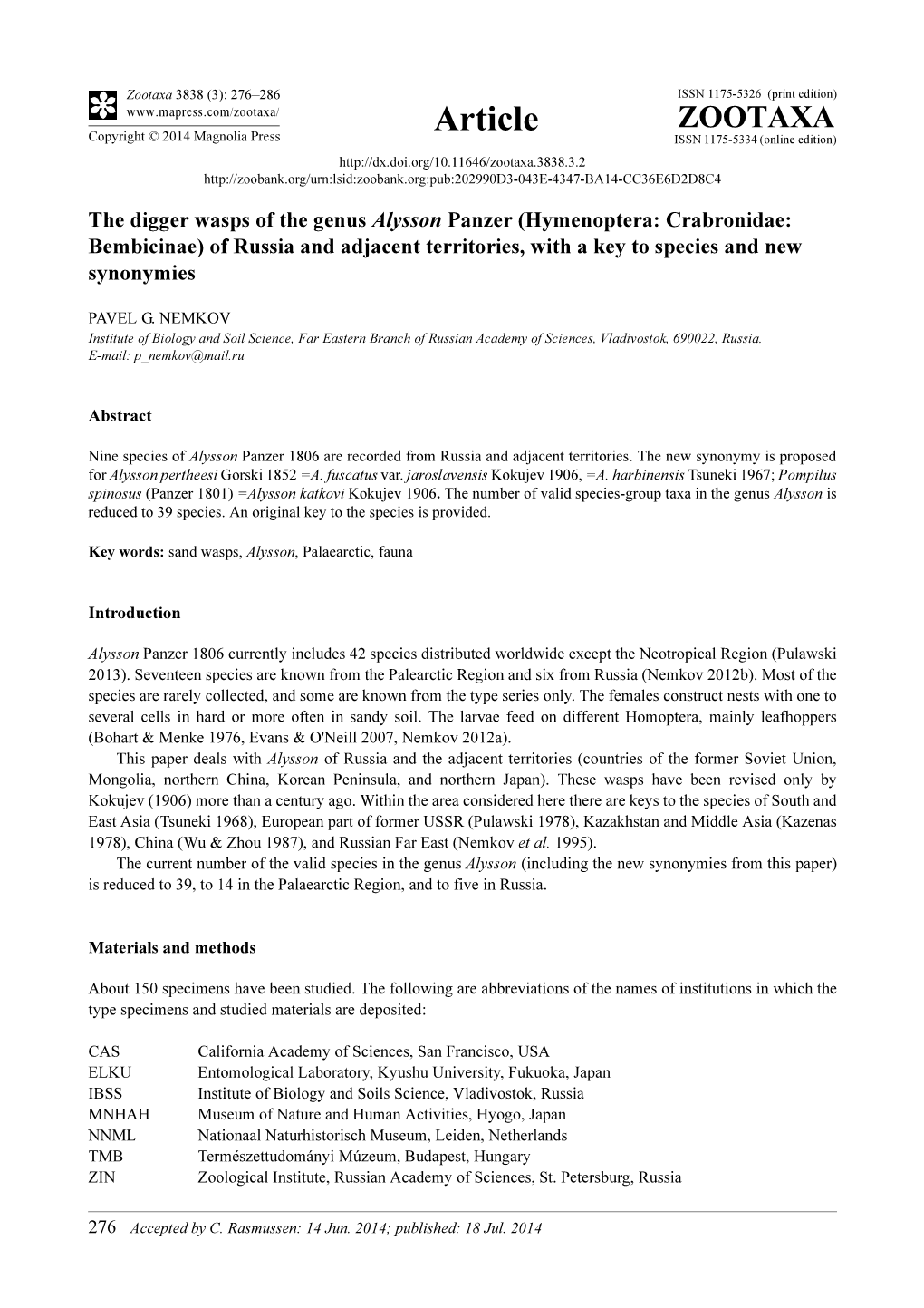 The Digger Wasps of the Genus Alysson Panzer (Hymenoptera: Crabronidae: Bembicinae) of Russia and Adjacent Territories, with a Key to Species and New Synonymies