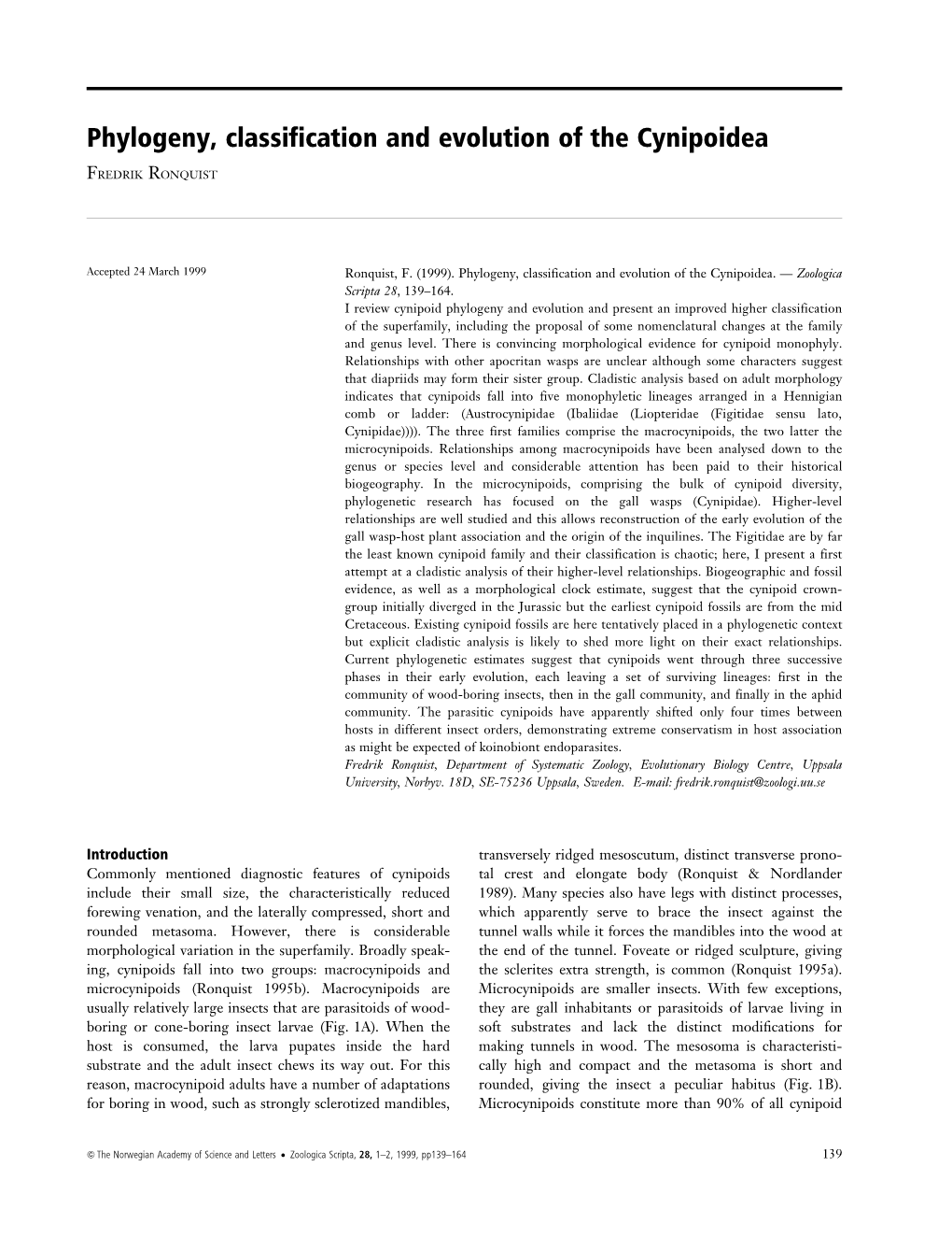 Phylogeny, Classification and Evolution of the Cynipoidea