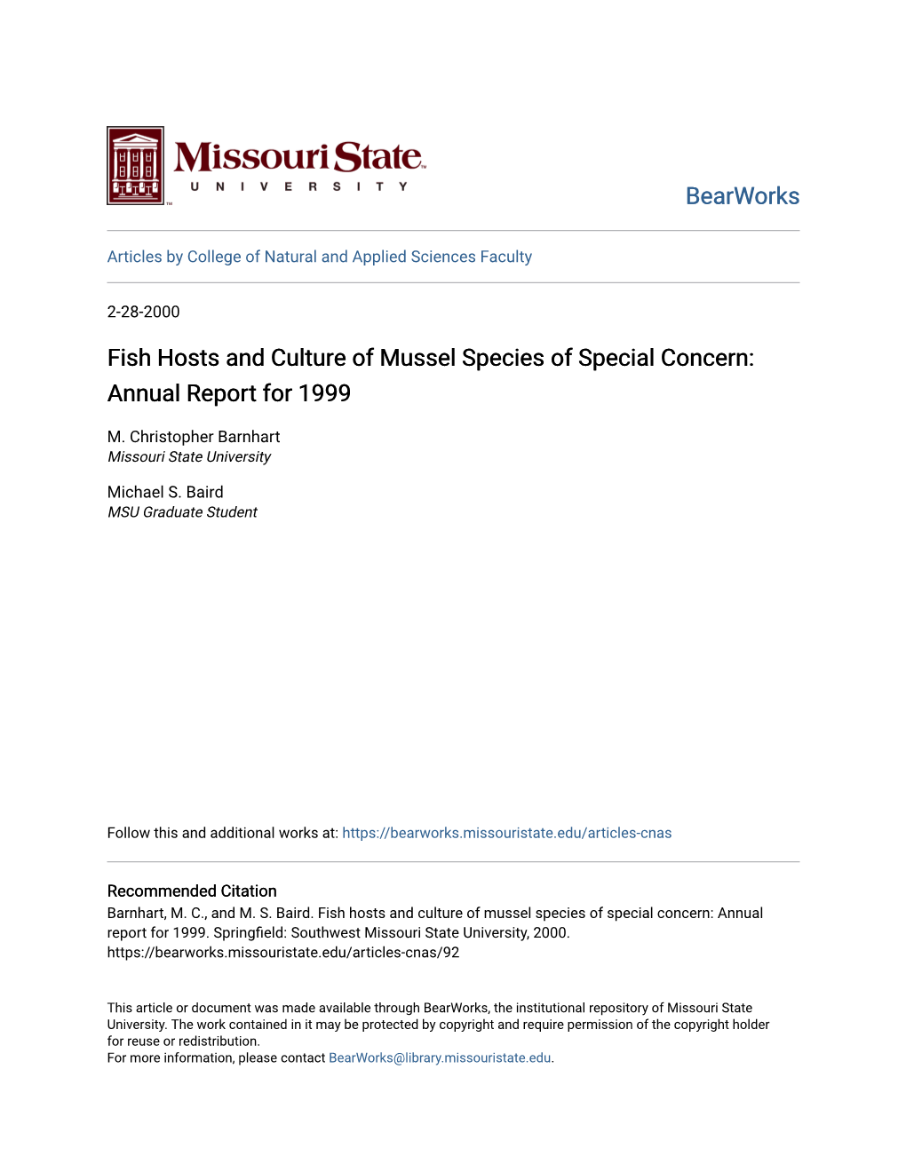 Fish Hosts and Culture of Mussel Species of Special Concern: Annual Report for 1999