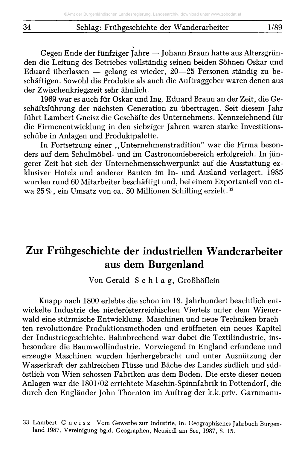 Zur Frühgeschichte Der Industriellen Wanderarbeiter Aus Dem Burgenland Von Gerald Schlag, Großhöflein