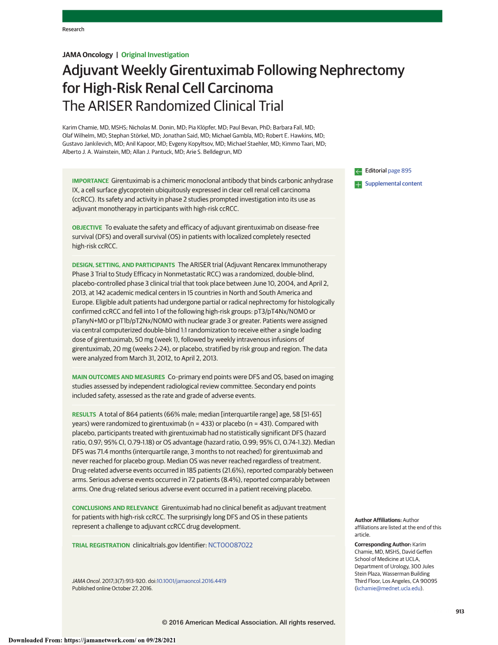 Adjuvant Weekly Girentuximab Following Nephrectomy for High-Risk Renal Cell Carcinoma the ARISER Randomized Clinical Trial