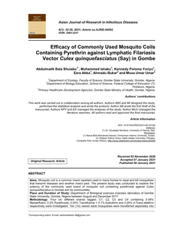 Efficacy of Commonly Used Mosquito Coils Containing Pyrethrin Against Lymphatic Filariasis Vector Culex Quinquefasciatus (Say) in Gombe