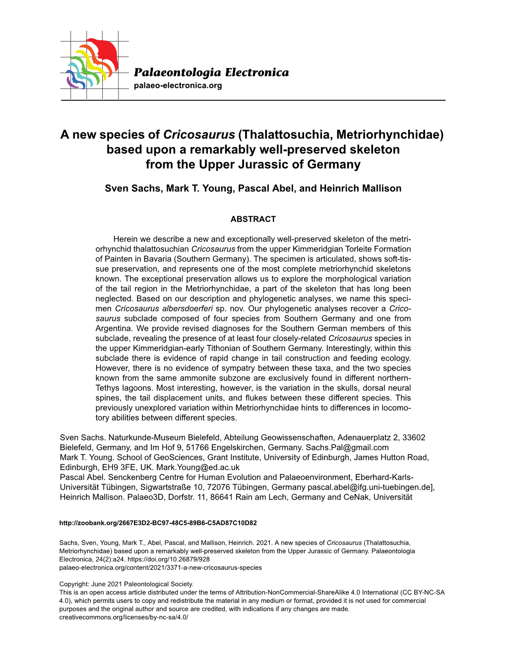 A New Species of Cricosaurus (Thalattosuchia, Metriorhynchidae) Based Upon a Remarkably Well-Preserved Skeleton from the Upper Jurassic of Germany