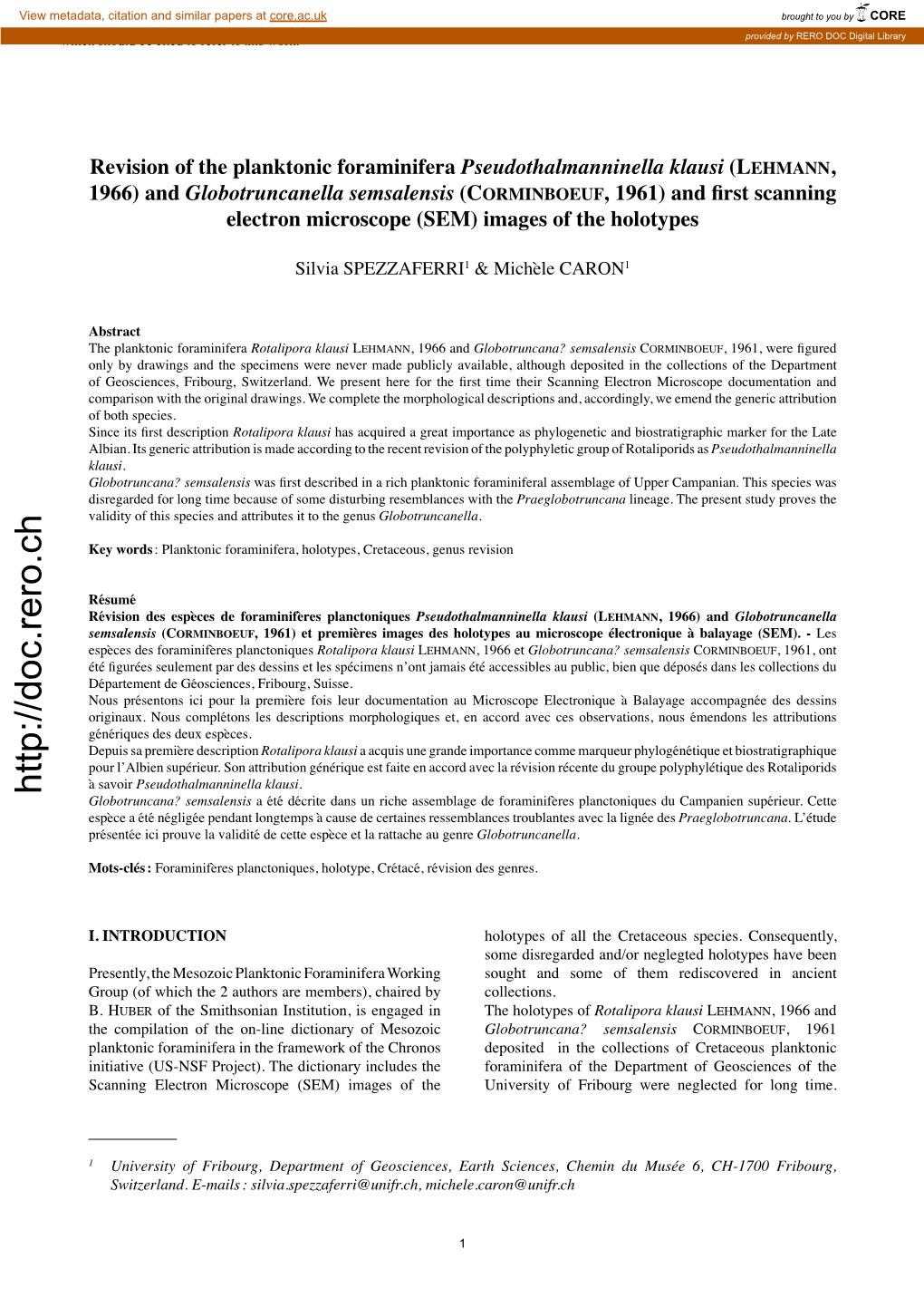 Doc.Rero.Ch Globotruncana? Semsalensis a Été Décrite Dans Un Riche Assemblage De Foraminifères Planctoniques Du Campanien Supérieur