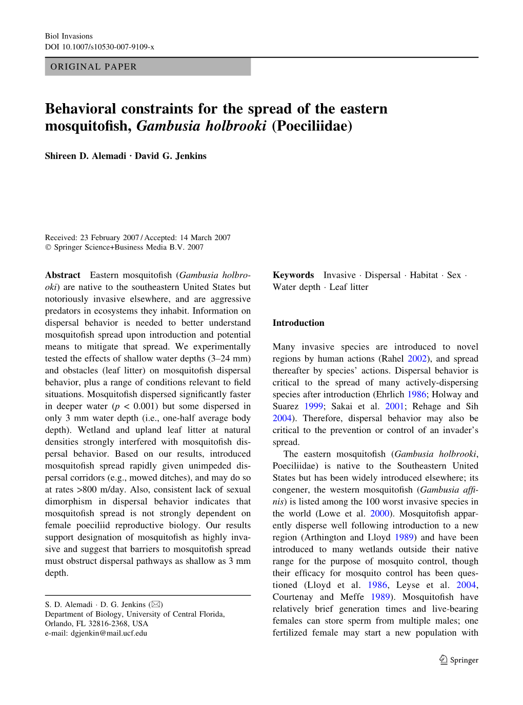 Behavioral Constraints for the Spread of the Eastern Mosquitofish