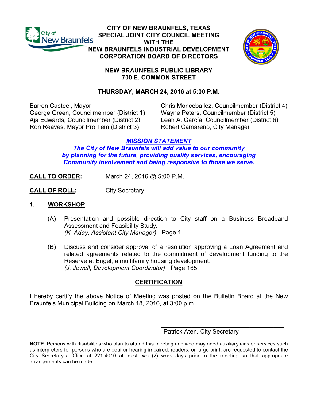 City of New Braunfels, Texas Special Joint City Council Meeting with the New Braunfels Industrial Development Corporation Board of Directors