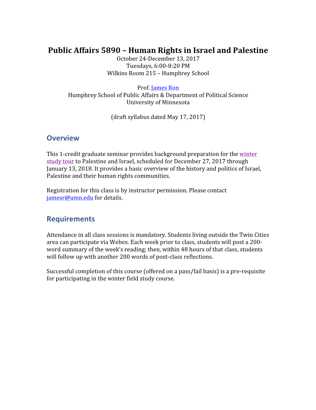 Public Affairs 5890 – Human Rights in Israel and Palestine Overview