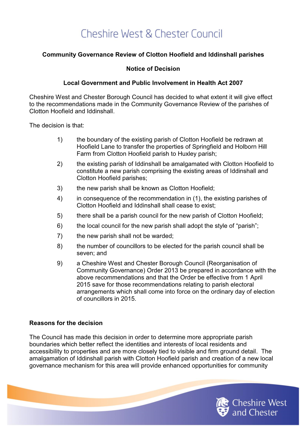 Clotton Hoofield and Iddinshall Notice