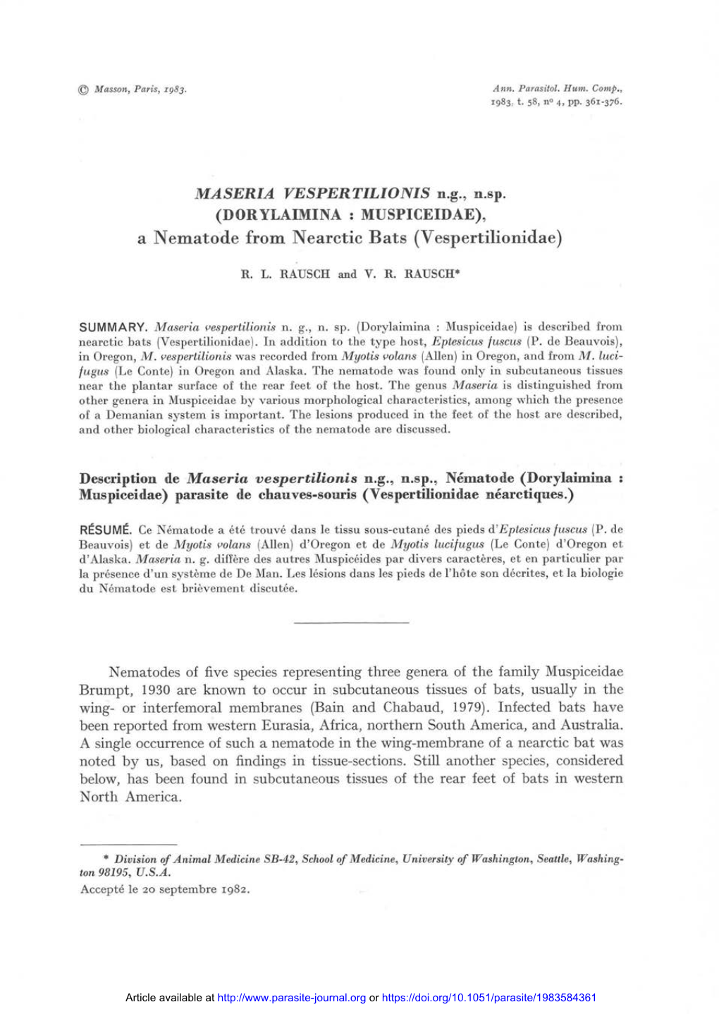 MASERIA VESPERTILIONIS N.G., N.Sp. (DORYLAIMINA : MUSPICEIDAE), a Nematode from Nearctic Bats (Vespertilionidae)