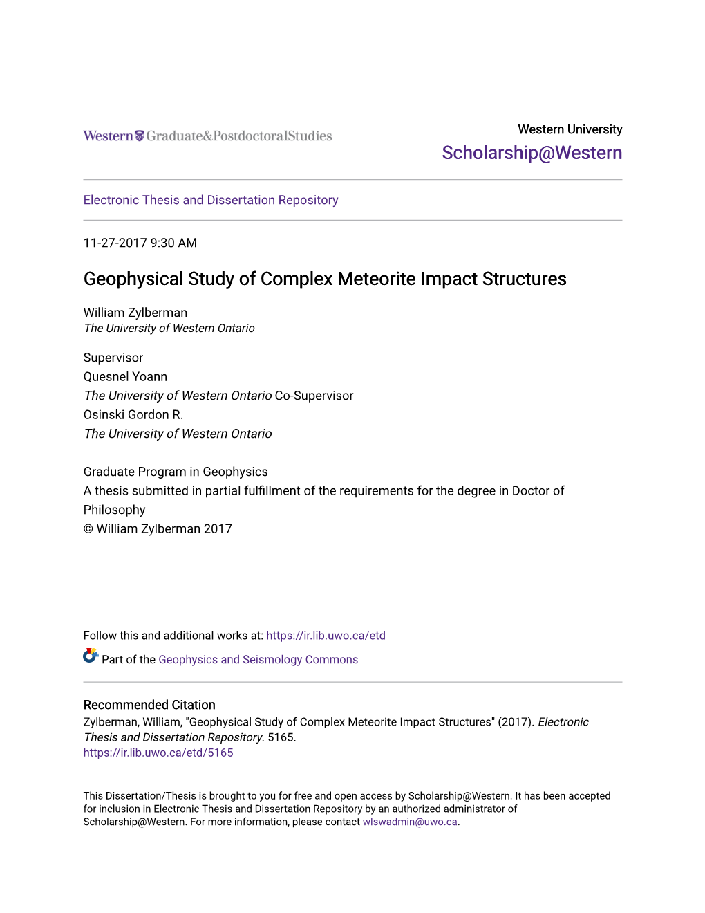 Geophysical Study of Complex Meteorite Impact Structures