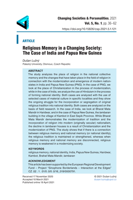 Religious Memory in a Changing Society: the Case of India and Papua New Guinea