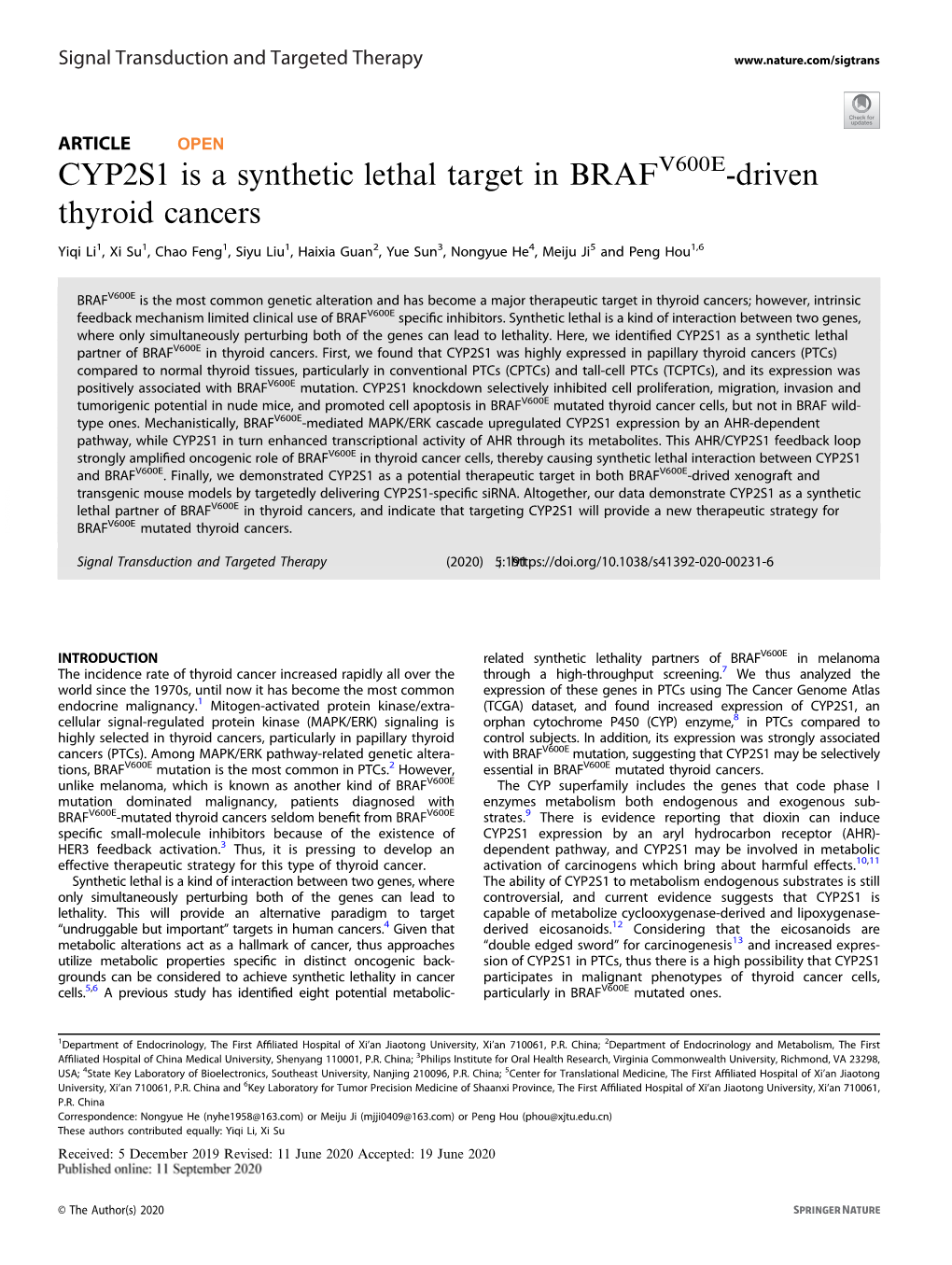 CYP2S1 Is a Synthetic Lethal Target in BRAFV600E-Driven Thyroid Cancers