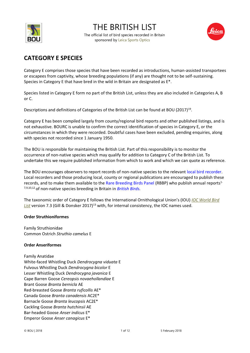 THE BRITISH LIST the Official List of Bird Species Recorded in Britain Sponsored by Leica Sports Optics