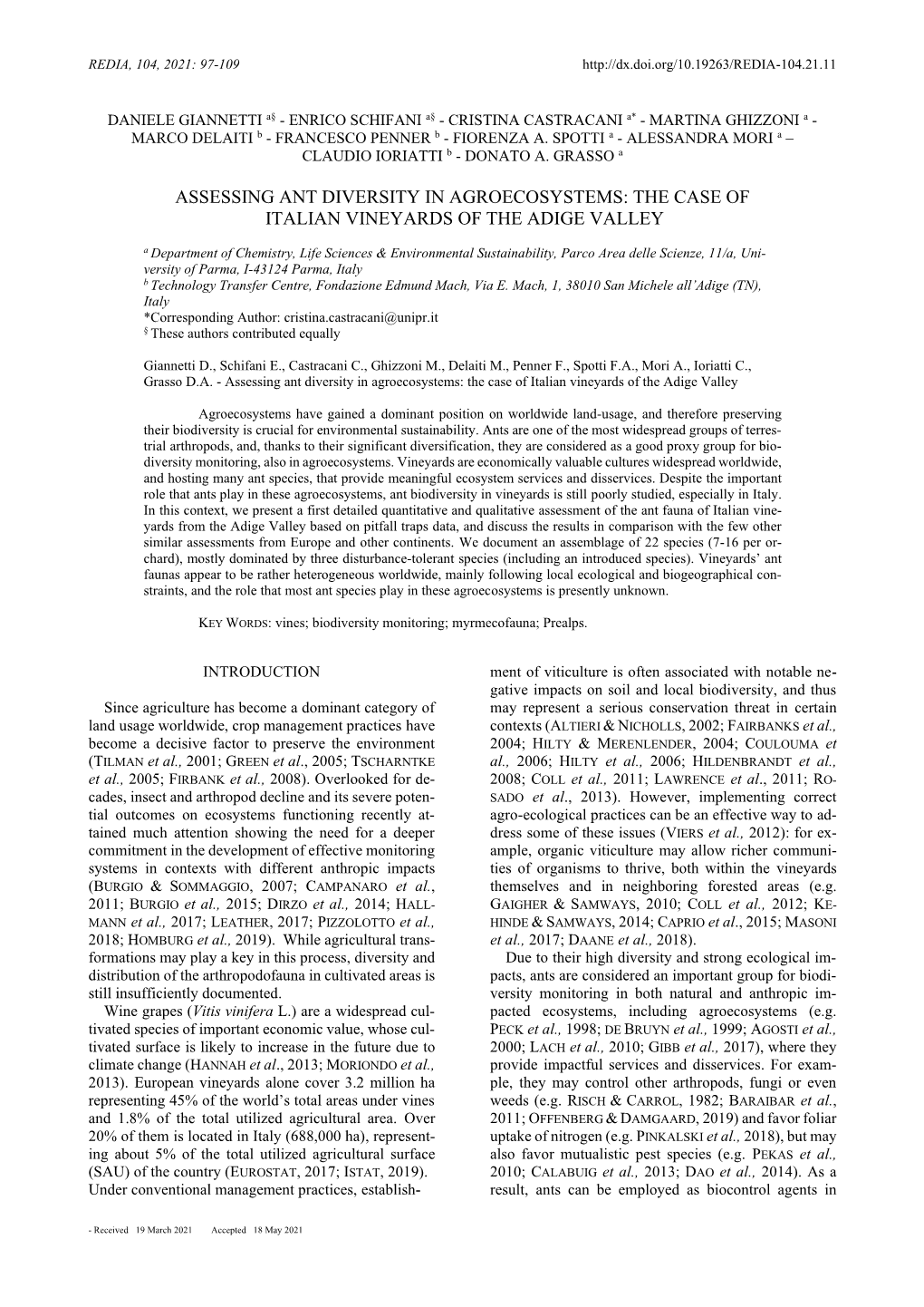 Assessing Ant Diversity in Agroecosystems: the Case of Italian Vineyards of the Adige Valley