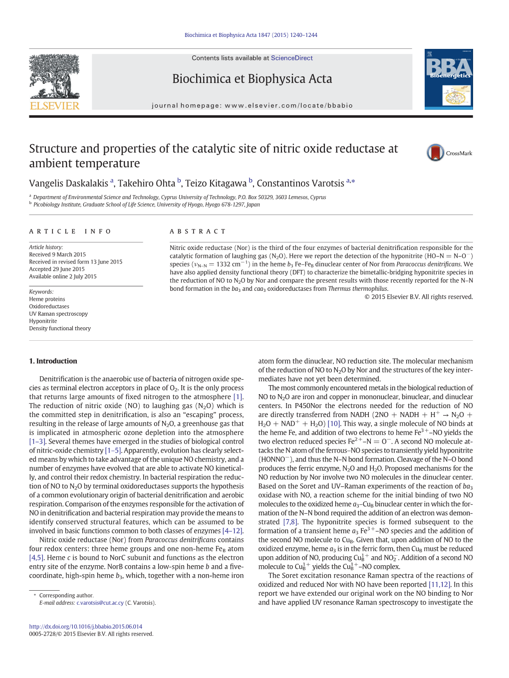 Structure and Properties of the Catalytic Site of Nitric Oxide Reductase at Ambient Temperature