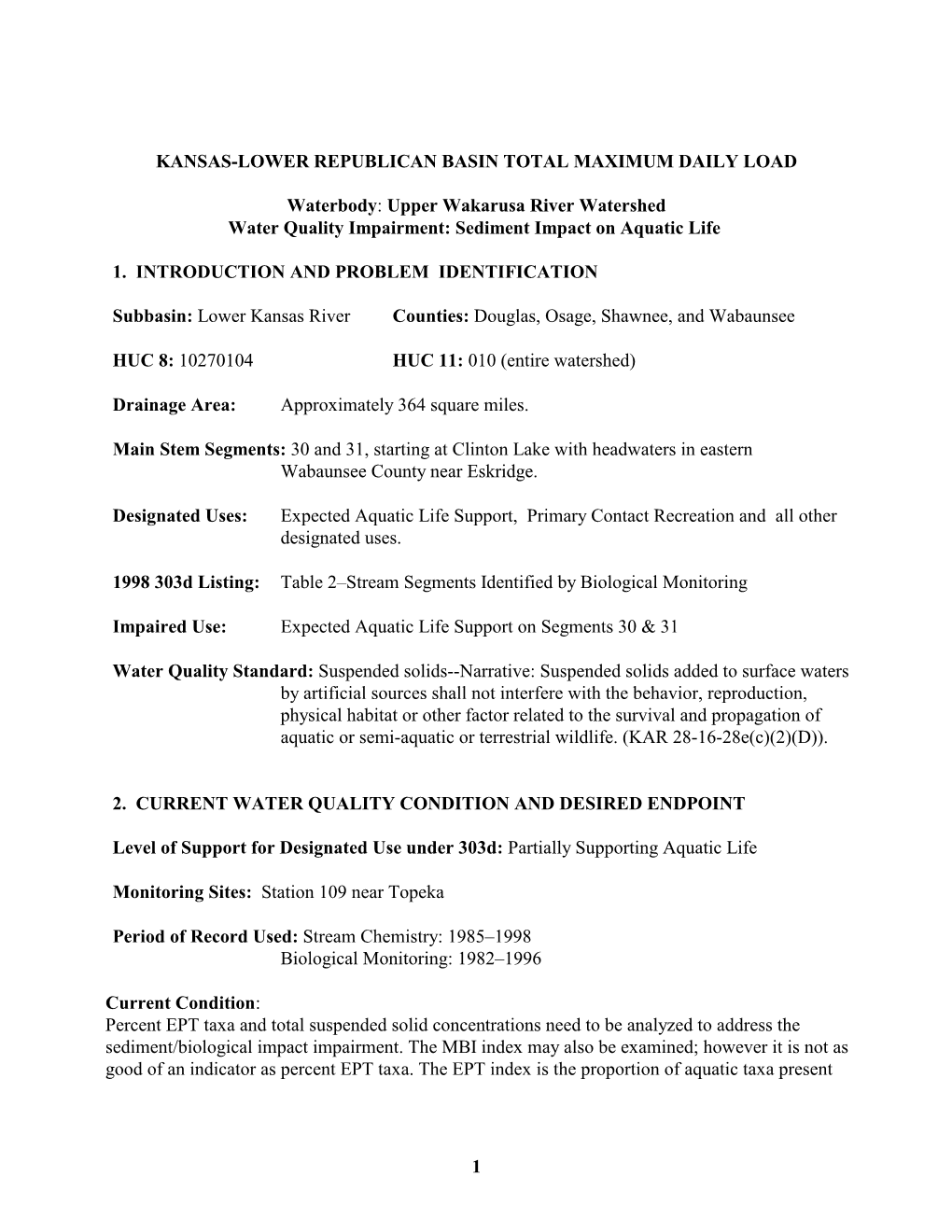 Upper Wakarusa River Watershed Water Quality Impairment: Sediment Impact on Aquatic Life