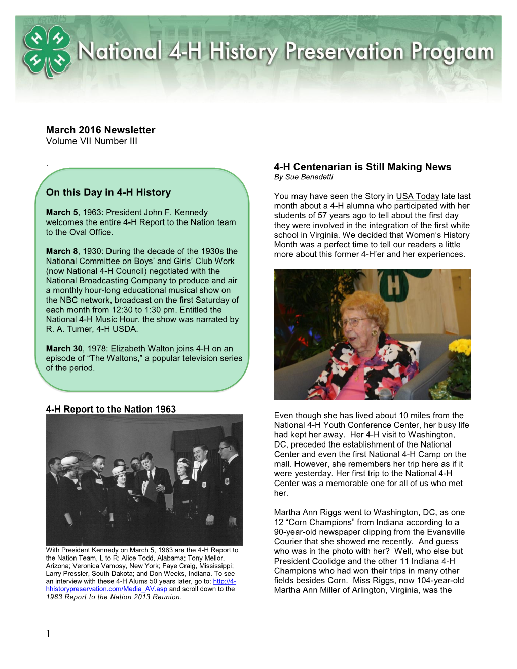 1 March 2016 Newsletter on This Day in 4-H History 4-H Centenarian Is