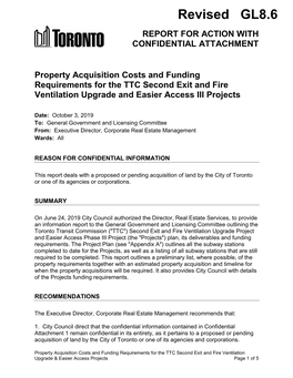 Property Acquisition Costs and Funding Requirements for the TTC Second Exit and Fire Ventilation Upgrade and Easier Access III Projects