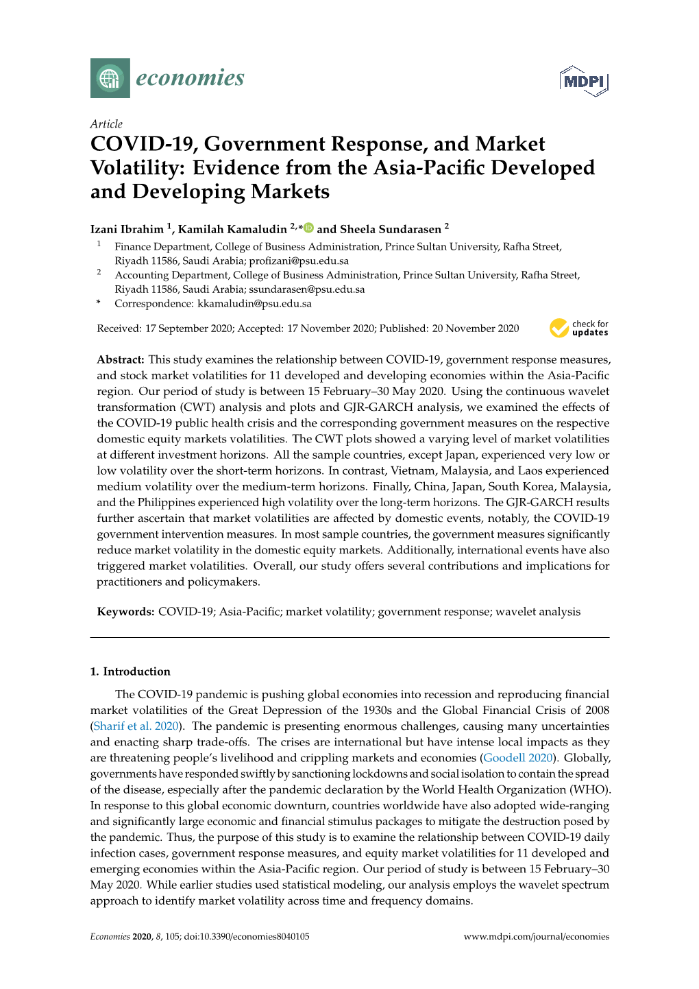 COVID-19, Government Response, and Market Volatility: Evidence from the Asia-Paciﬁc Developed and Developing Markets